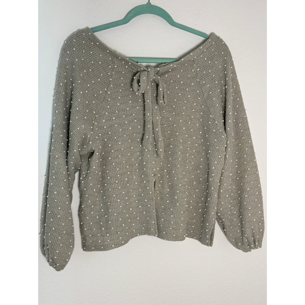 Blu Pepper Grey Polka Dot Pom Pom Tie Back Knit Sweater Small Womens Raglan‎